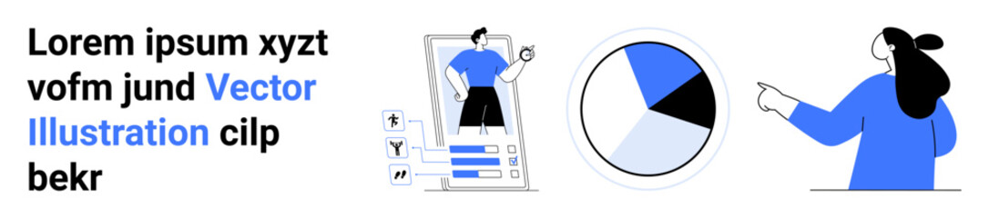 Person editing avatar on smartphone, a pie chart with multiple sections, and a woman pointing. Ideal for digital design, user interface, data analysis, presentations, tutorials, education, content