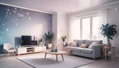 Scandinavian living room interior design zoom background,Doodle Galaxy patterned wallpaper graphics