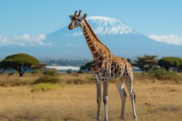 Obraz premium Lone giraffe standing against the backdrop of Mount Kilimanjaro and the African savanna.