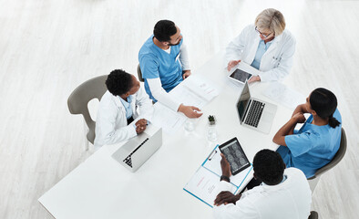 Doctor, team and medical meeting in boardroom with CT scan for brain analysis, surgery planning or...