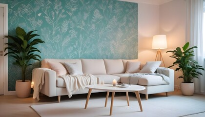 Scandinavian living room interior design zoom background,Doodle Galaxy patterned wallpaper graphics
