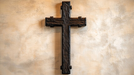 A simple image of a cross, centered and minimalist, made of dark, textured wood with a natural, slightly worn appearance, perfect for spiritual or religious-themed projects