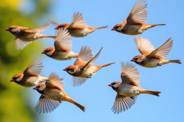 Obraz premium A flock of sparrows in flight against a clear blue sky during midday in a vibrant setting