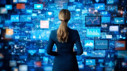 Businesswoman Analyzing Real-Time Data on a Large Video Wall in a Modern Monitoring Room