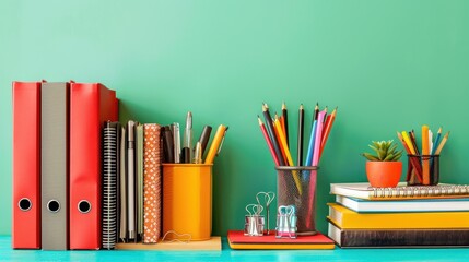 Colorful stationery and office supplies on a teal desk.