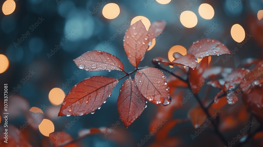 Poster close-up of red leaves with raindrops on a branch against a bokeh background.