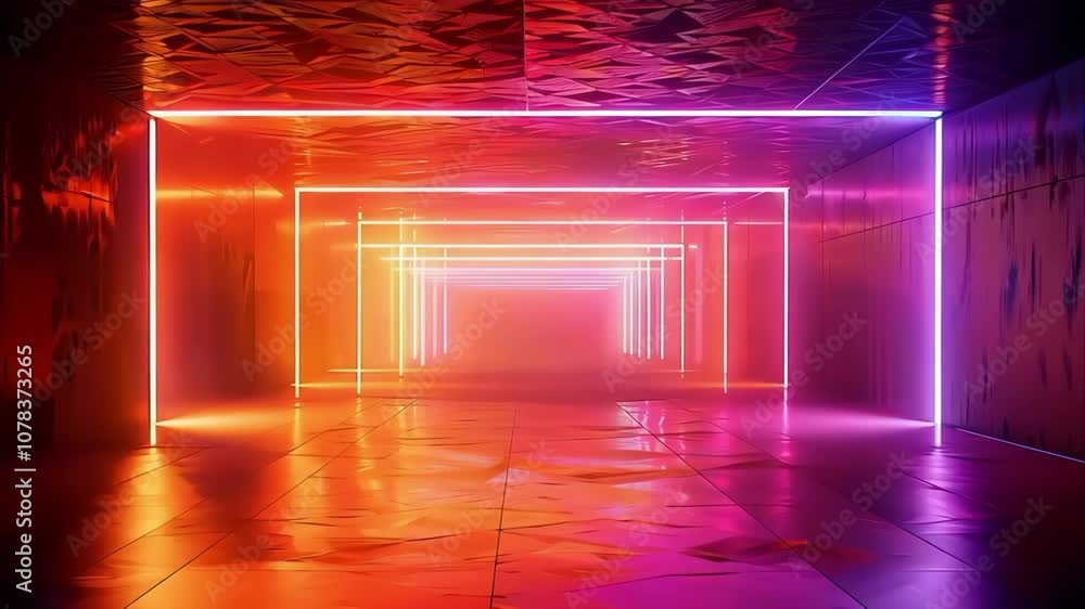 Poster a corridor illuminated by vibrant neon lights reflecting on a wet floor, creating an immersive and c