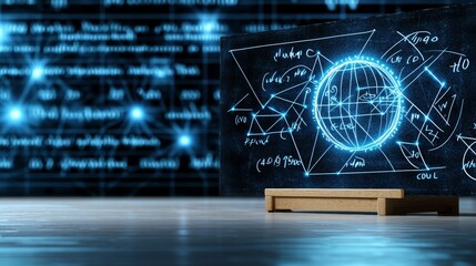 A futuristic depiction of a holographic globe with mathematical equations, set against a dark digital backdrop representing advanced technology.