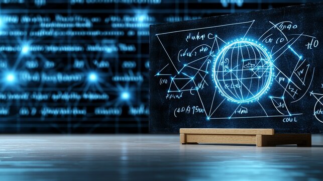 A futuristic depiction of a holographic globe with mathematical equations, set against a dark digital backdrop representing advanced technology.