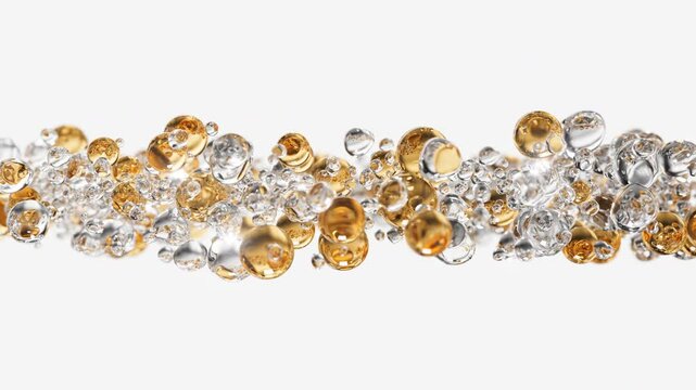 Gold cosmetic serum with liquid bubbles in a 3D abstract background. Hydrating essence gel enriched with collagen molecules. Moisturizing cream or oil for advanced skincare, beauty, and skin health.