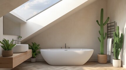 Fototapeta premium Modern bathroom in an attic with a white bathtub