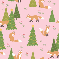 Winter Christmas seamless pattern of fox animal vector illustration
