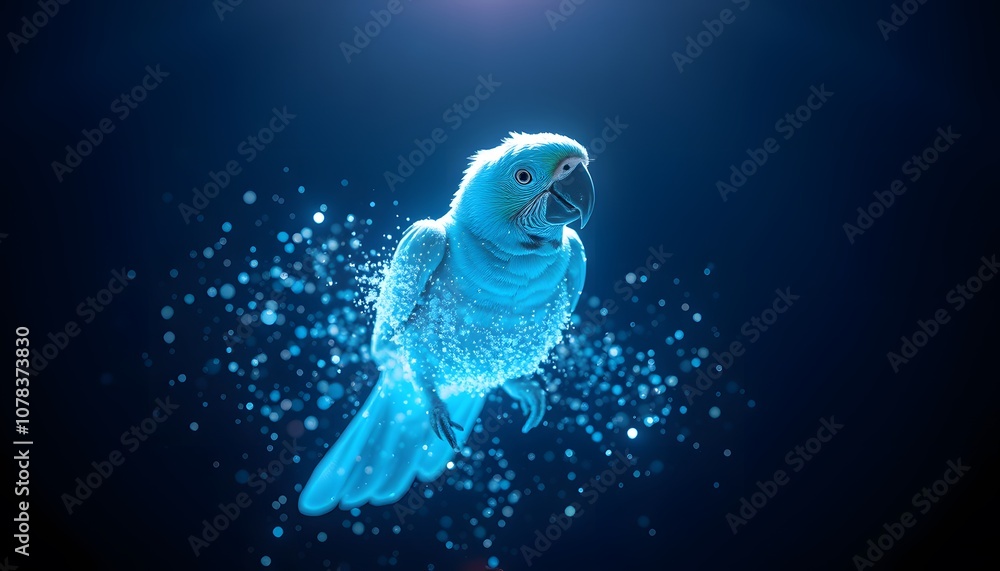 Poster A Vivid Parrot Demonstrating Vibrant Dissolving and Disappearing Effects with Glowing Particles - Perfect for Artistic and Creative Projects