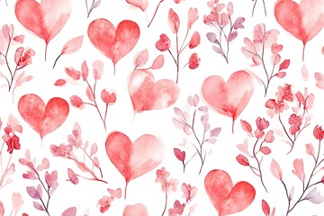 Seamless heart pattern in soft hues of red and pink on a white background.