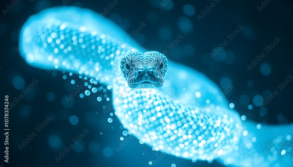 Poster A Captivating Visual of a Vigorous Snake Dissolving into Particles with a Dazzling Glowing Effect for Artistic and Creative Uses