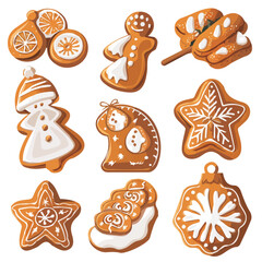 Simple flat 2D icon Christmas gingerbread set isolated on transparent background, vector, flat design, animation design, vector, flat design, animation design, simple flat 2D icon, design, clipart