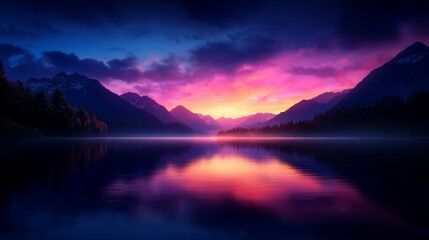 Obraz premium A serene twilight scene showcasing vibrant hues of pink and purple reflected in a tranquil mountain lake.