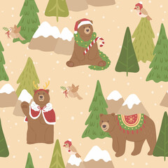 Winter Christmas seamless pattern of grizzly bear animal vector illustration