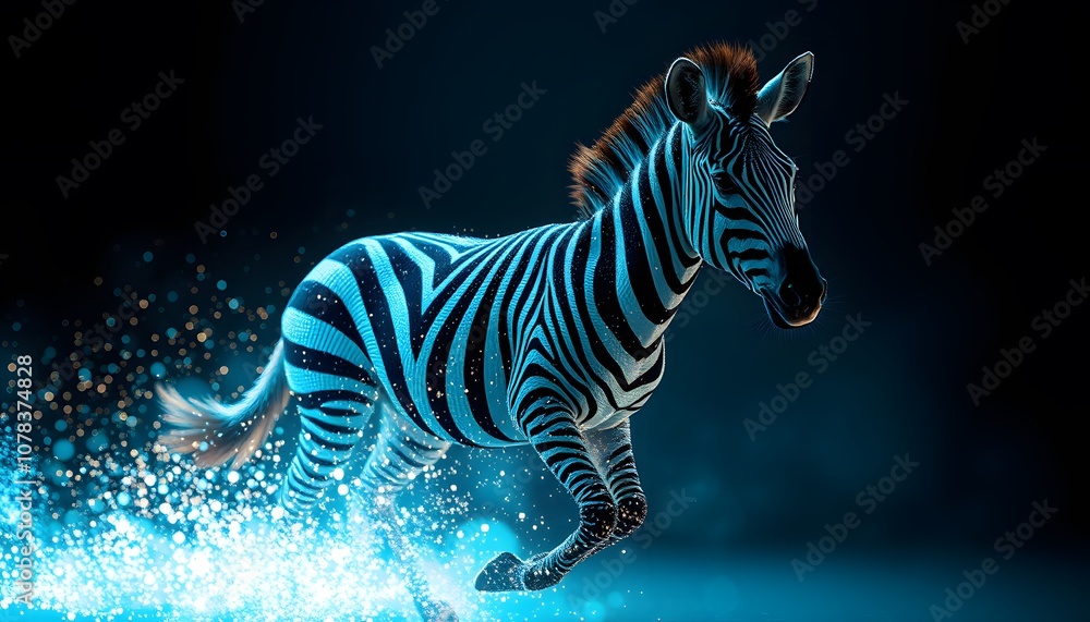 Poster A Stunning Visual of a Vigorous Zebra Dissolving and Disappearing into Particles with Glowing Effects Representing Transformation