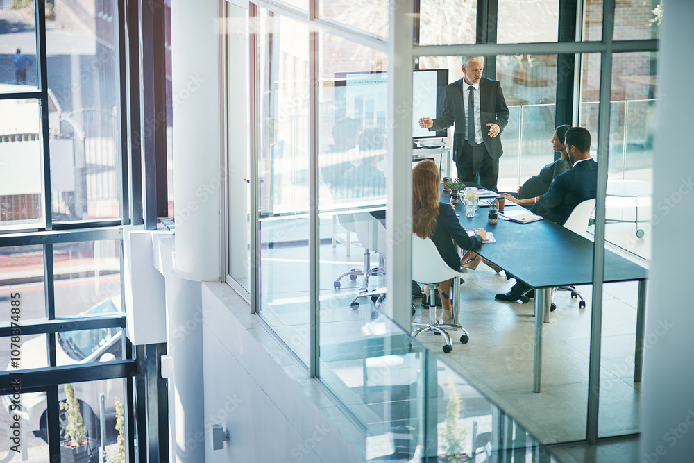 Poster business man, meeting and presentation for planning, progress or revenue with top view in office. te