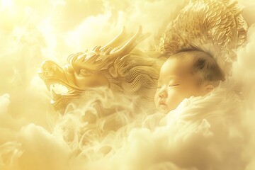 Fototapeta premium Tranquil Baby and Chinese Dragon in Dreamy Clouds