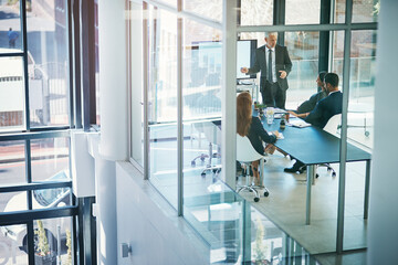 Business man, meeting and presentation for planning, progress or revenue with top view in office....