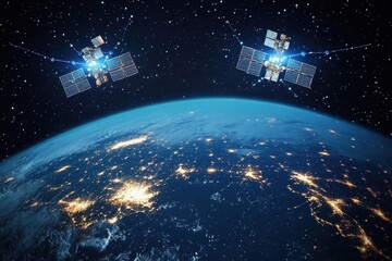 Naklejka premium Dual satellites orbiting Earth at night, capturing glowing city lights below