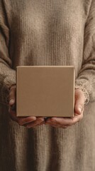 Naklejka premium An elderly Hispanic woman holds a food box in a softly lit studio, highlighting its warmth