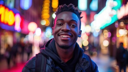 Fototapeta premium African man smiling looking at camera with blurred city lights background.