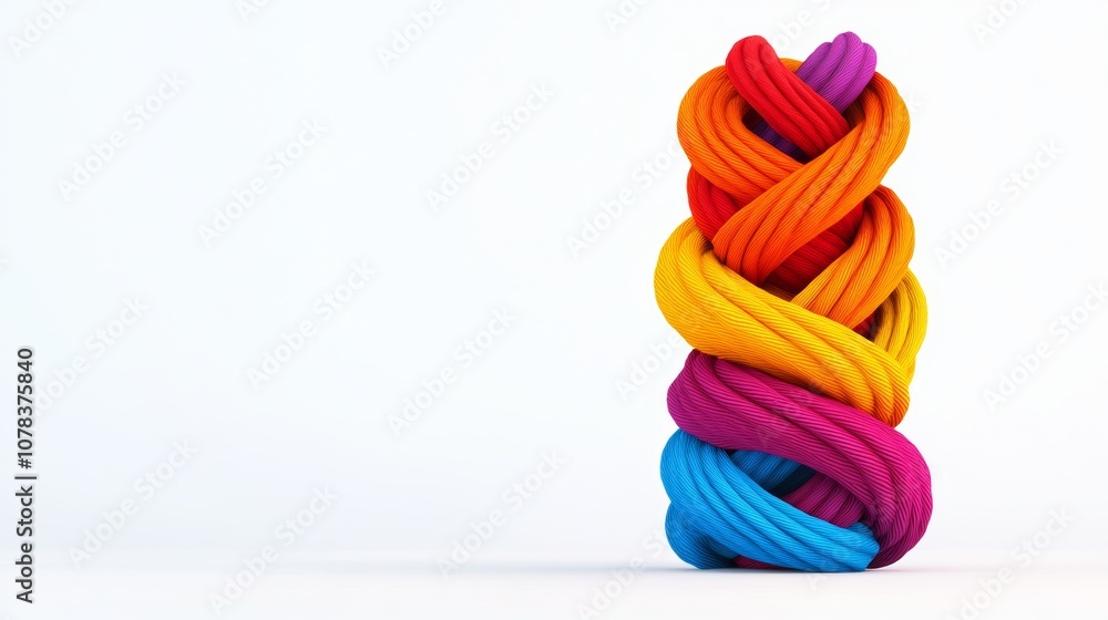 Poster colorful rope is piled on top of itself, creating a colorful tower. the colors are bright and vibran