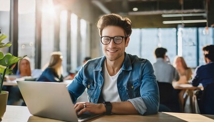 Fototapeta premium Young Man Working on Laptop in Modern Office Setting During Daytime