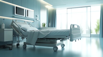 An empty hospital bed with white sheets in a hospital room.