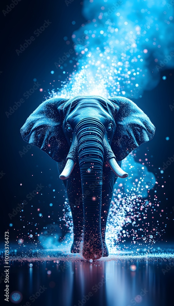 Poster A Captivating Visual of an Elephant Dissolving into Particles with Glowing Effects Perfect for Artistic and Creative Projects