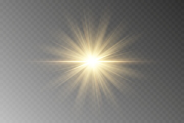 Fototapeta premium Golden light, sunlight and dawn effect. Glare. An explosion on a transparent background. Sparkling particles of magic dust. A bright star. Transparent glowing sun, bright flash. Vector glitter