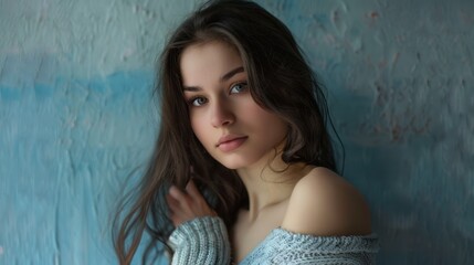 Fototapeta premium Beautiful slim girl posing in weathered blue wall studio