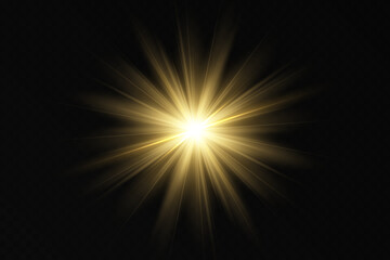 Obraz premium Golden light, sunlight and dawn effect. Glare. An explosion on a transparent background. Sparkling particles of magic dust. A bright star. Transparent glowing sun, bright flash. Vector glitter