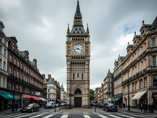 Obraz premium Elizabeth Tower (Big Ben) London Skyline - Gothic Architecture, Overcast Sky, Street Scene, Iconic Landmark, Travel