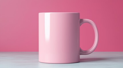 Blank pink mug on a white surface with a pink background.