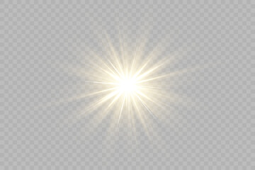 Fototapeta premium Golden light, sunlight and dawn effect. Glare. An explosion on a transparent background. Sparkling particles of magic dust. A bright star. Transparent glowing sun, bright flash. Vector glitter