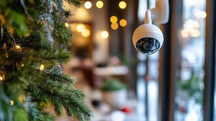 A security camera hangs close to festive decorations, capturing the cozy atmosphere of a well-lit indoor space.