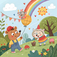 Naklejka premium A playful cartoon-style illustration bursting with vibrant colors and imaginative characters.