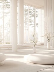 A serene, minimalist interior with soft cushions and floral arrangements, promoting relaxation.