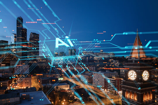 Seattle cityscape with futuristic digital AI overlay and illuminated clock tower at night. - Powered by Adobe