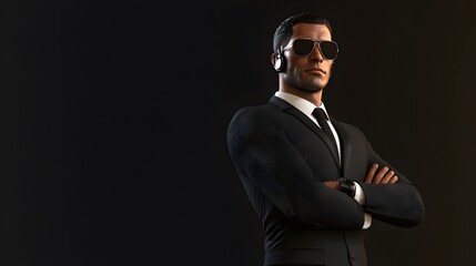 Fototapeta premium Confident Male Bodyguard Sunglasses Black Suit Professional Stance Security Protection
