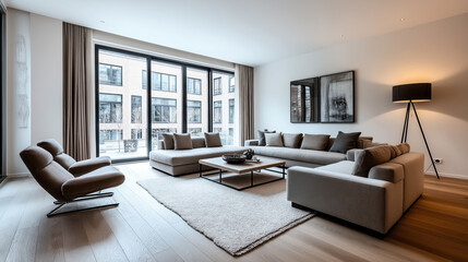 Fototapeta premium Modern minimalistic living room with large gray sectional sofa, sleek armchairs, floor lamp, and coffee table, featuring large windows with urban view.