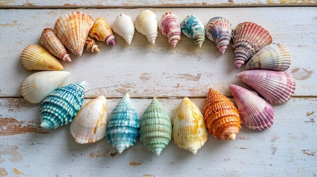 Colorful shell necklace arranged on a light wooden surface, highlighting the natural texture and coastal vibe
