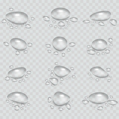 Rain water drops falling on transparent background. Wet, clear surface with bubbles on the surface. Realistic clear water, water drops for creative banner design