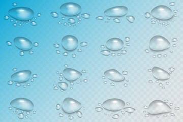 Rain water drops falling on transparent background. Wet, clear surface with bubbles on the surface. Realistic clear water, water drops for creative banner design