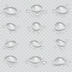 Rain water drops falling on transparent background. Wet, clear surface with bubbles on the surface. Realistic clear water, water drops for creative banner design