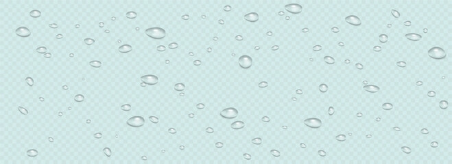 Rain water drops falling on transparent background. Wet, clear surface with bubbles on the surface. Realistic clear water, water drops for creative banner design